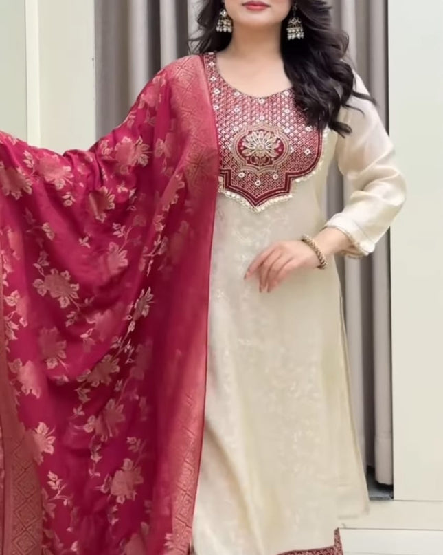 Pure Banarasi Weaving Suit Set with Jacquard Dupatta - Rosepetals Luxe