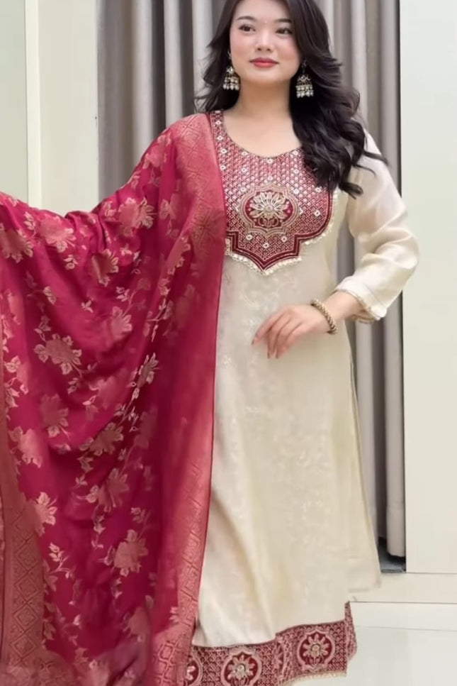 Pure Banarasi Weaving Suit Set with Jacquard Dupatta - Rosepetals Luxe