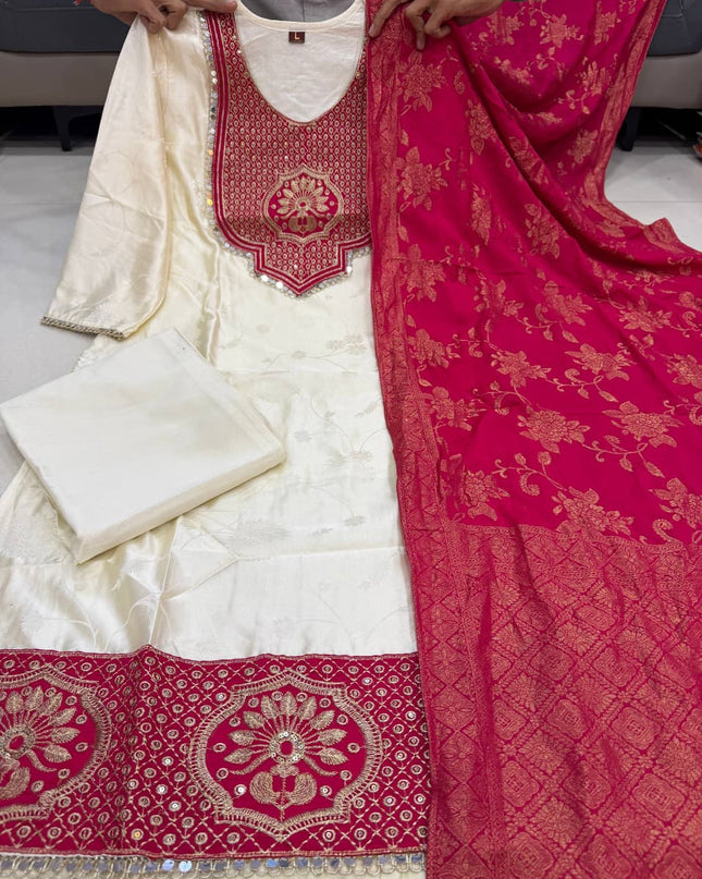 Pure Banarasi Weaving Suit Set with Jacquard Dupatta - Rosepetals Luxe
