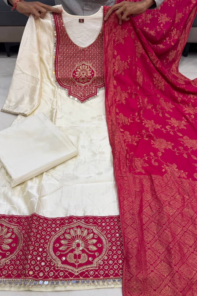 Pure Banarasi Weaving Suit Set with Jacquard Dupatta - Rosepetals Luxe