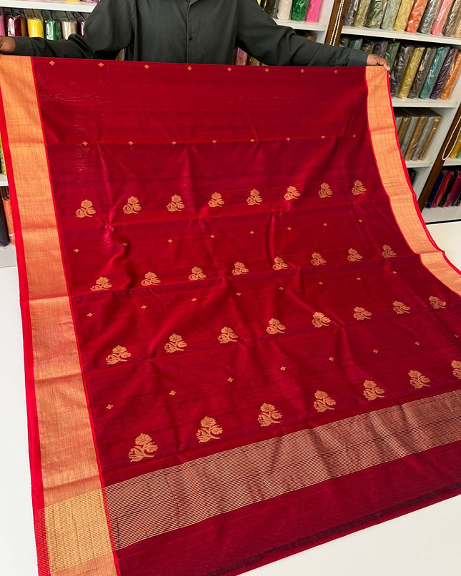 Pure Chanderi Hand Woven Saree | Golden Zari Border & Butis - Rosepetals Luxe