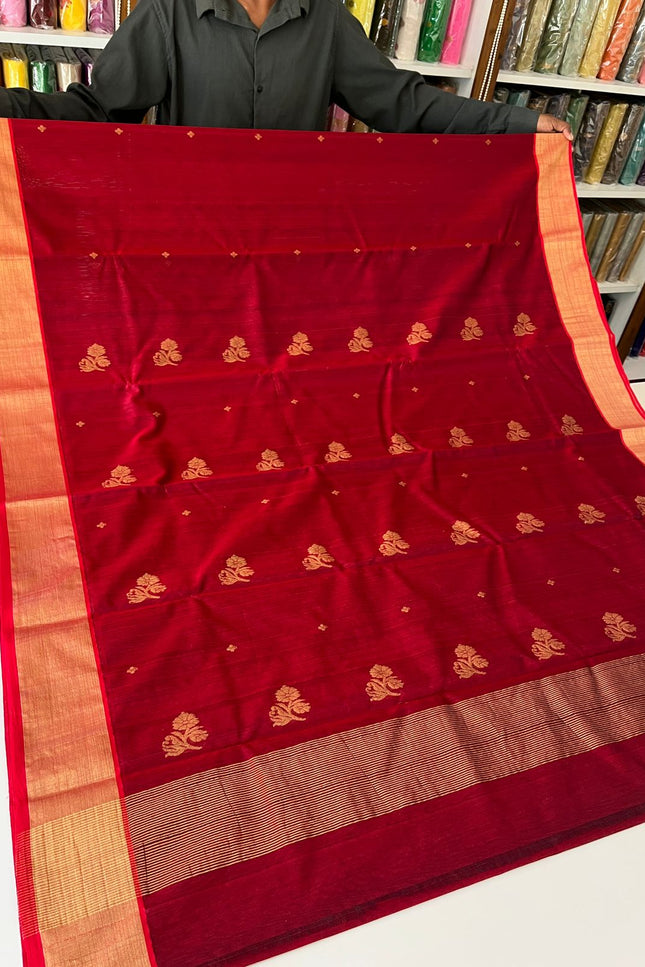 Pure Chanderi Hand Woven Saree | Golden Zari Border & Butis - Rosepetals Luxe