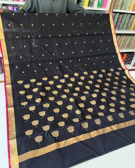 Pure Chanderi Hand Woven Saree | Golden Zari Border & Butis - Rosepetals Luxe