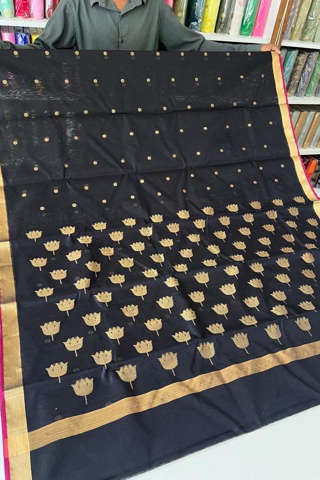 Pure Chanderi Hand Woven Saree | Golden Zari Border & Butis - Rosepetals Luxe