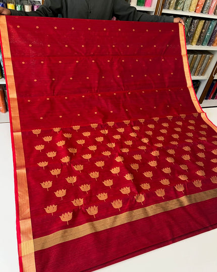 Pure Chanderi Hand Woven Saree | Golden Zari Border & Butis - Rosepetals Luxe