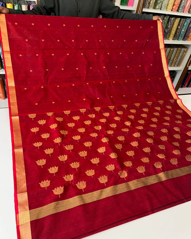 Pure Chanderi Hand Woven Saree | Golden Zari Border & Butis - Rosepetals Luxe