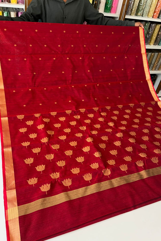 Pure Chanderi Hand Woven Saree | Golden Zari Border & Butis - Rosepetals Luxe