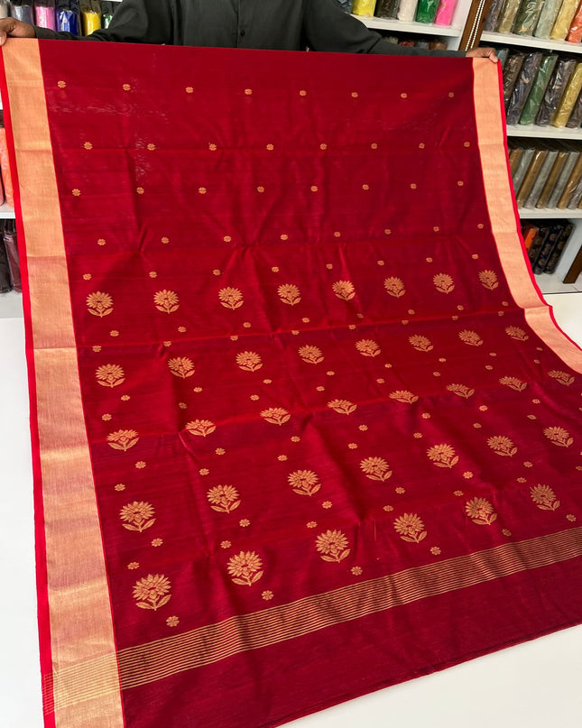 Pure Chanderi Hand Woven Saree | Golden Zari Border & Butis - Rosepetals Luxe