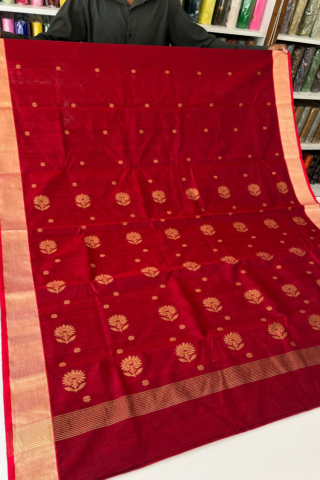 Pure Chanderi Hand Woven Saree | Golden Zari Border & Butis - Rosepetals Luxe
