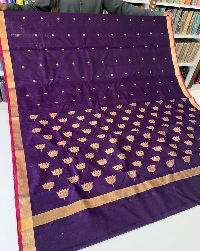 Pure Chanderi Hand Woven Saree | Golden Zari Border & Butis - Rosepetals Luxe