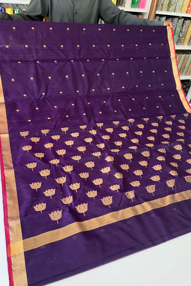 Pure Chanderi Hand Woven Saree | Golden Zari Border & Butis - Rosepetals Luxe