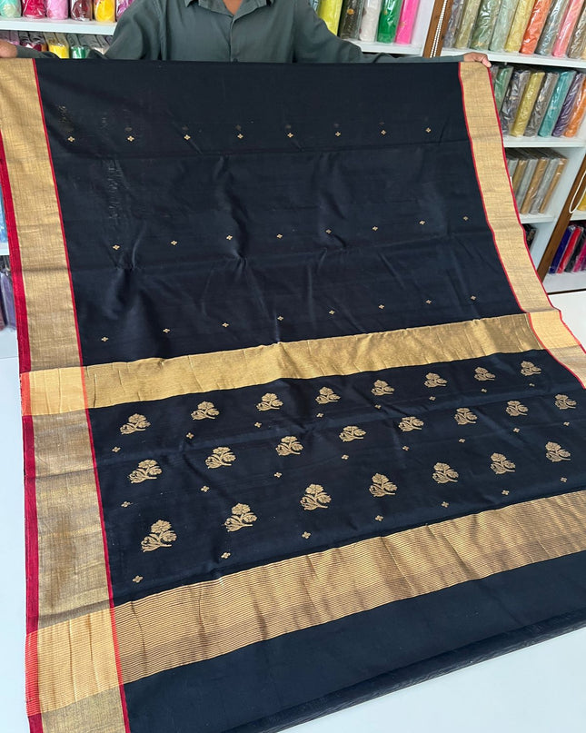 Pure Chanderi Hand Woven Saree | Golden Zari Border & Butis - Rosepetals Luxe