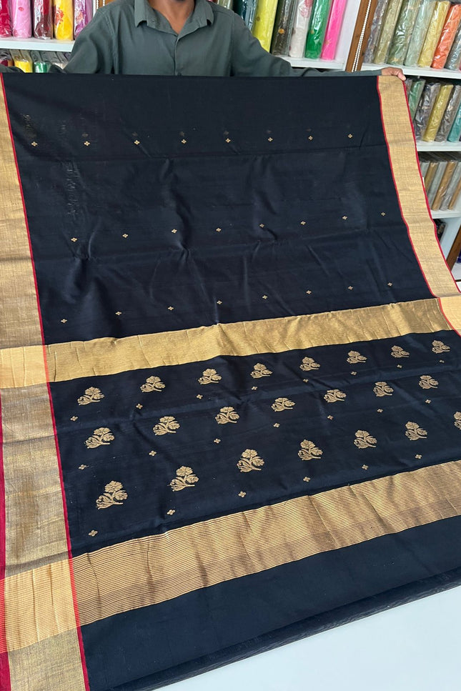 Pure Chanderi Hand Woven Saree | Golden Zari Border & Butis - Rosepetals Luxe