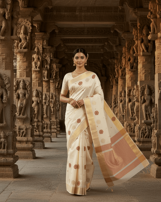 Pure Chanderi Hand Woven Saree | Golden Zari Border & Butis - Rosepetals Luxe