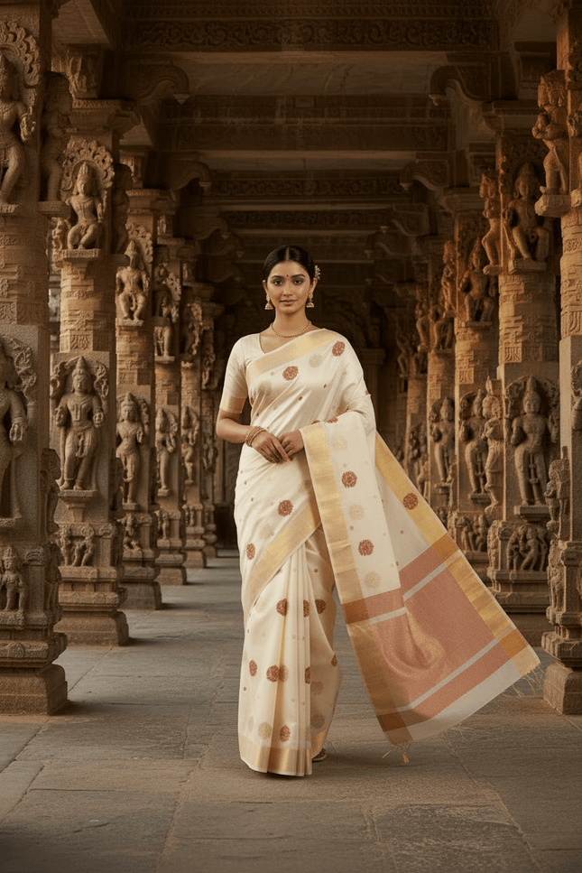 Pure Chanderi Hand Woven Saree | Golden Zari Border & Butis - Rosepetals Luxe