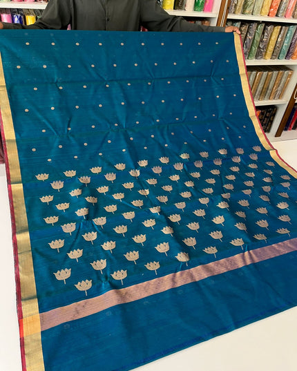 Pure Chanderi Hand Woven Saree | Golden Zari Border & Butis - Rosepetals Luxe