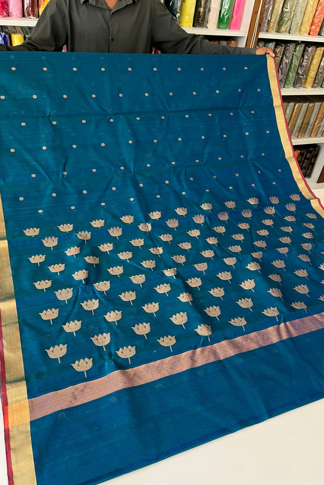 Pure Chanderi Hand Woven Saree | Golden Zari Border & Butis - Rosepetals Luxe
