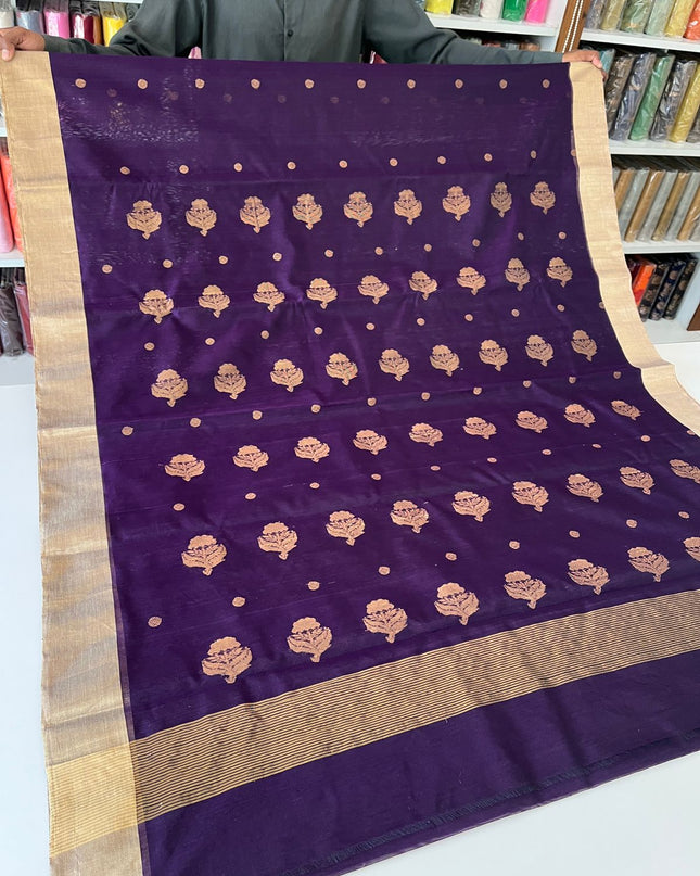 Pure Chanderi Hand Woven Saree | Golden Zari Border & Butis - Rosepetals Luxe