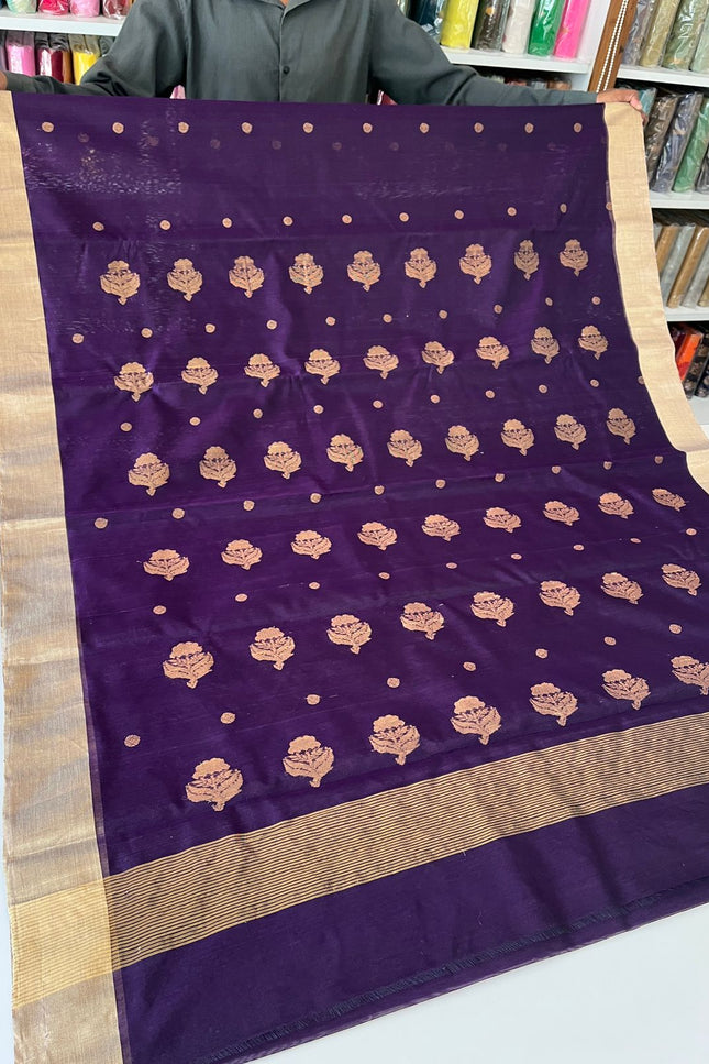 Pure Chanderi Hand Woven Saree | Golden Zari Border & Butis - Rosepetals Luxe