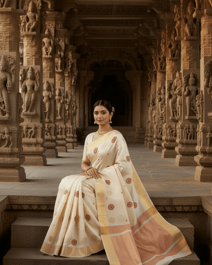 Pure Chanderi Hand Woven Saree | Golden Zari Border & Butis - Rosepetals Luxe