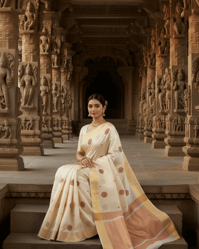 Pure Chanderi Hand Woven Saree | Golden Zari Border & Butis - Rosepetals Luxe