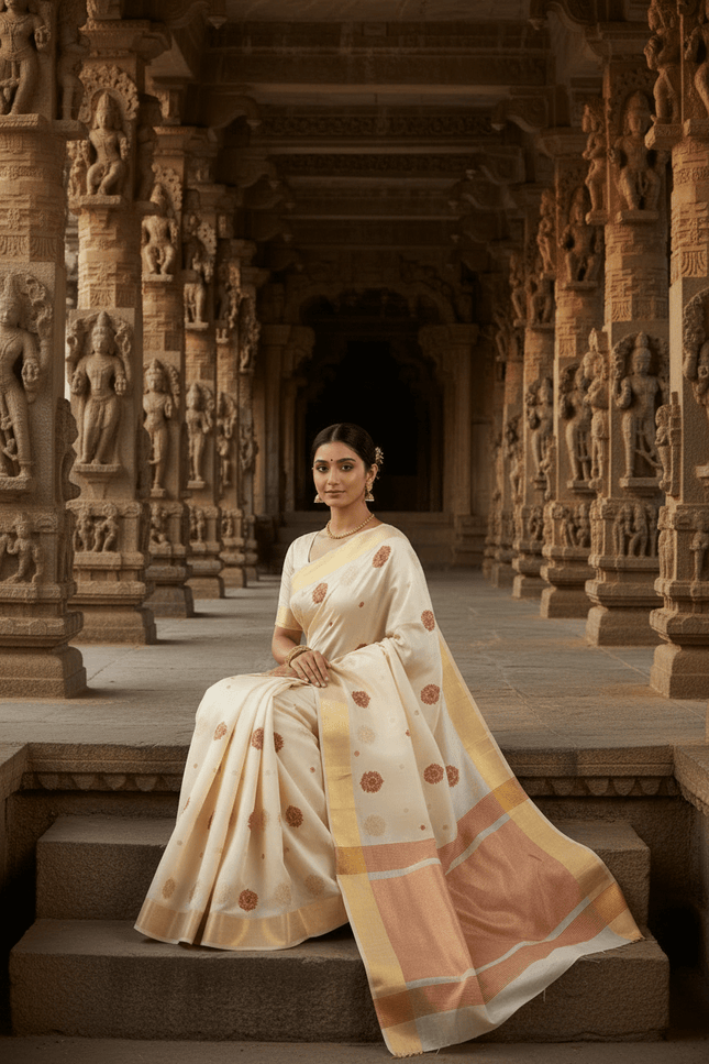 Pure Chanderi Hand Woven Saree | Golden Zari Border & Butis - Rosepetals Luxe