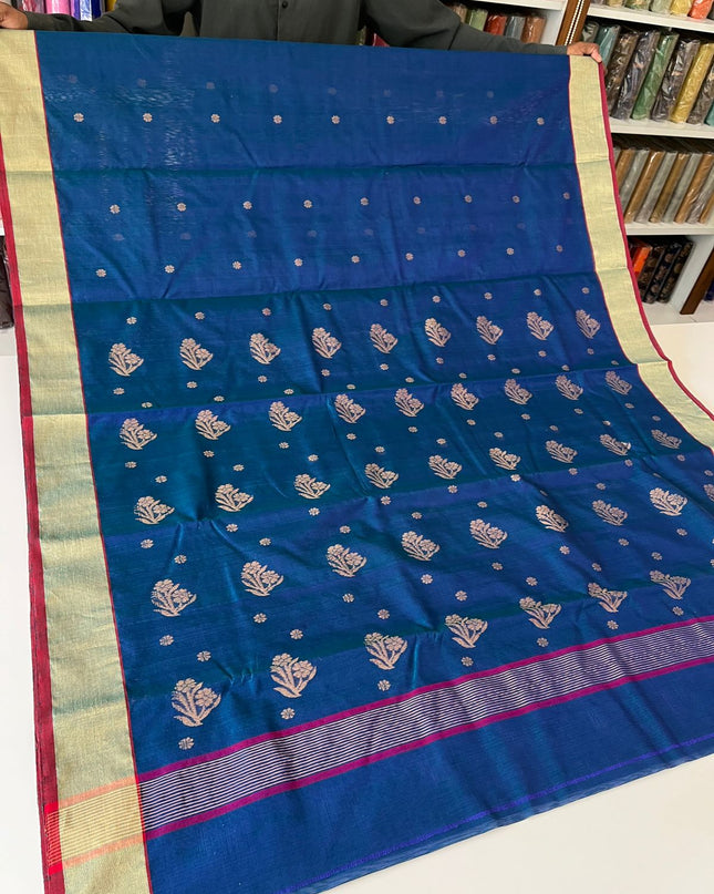 Pure Chanderi Hand Woven Saree | Golden Zari Border & Butis - Rosepetals Luxe