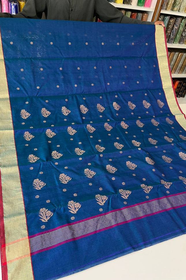 Pure Chanderi Hand Woven Saree | Golden Zari Border & Butis - Rosepetals Luxe