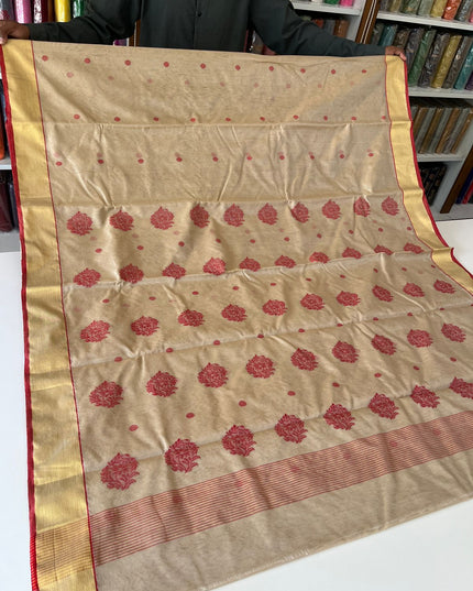 Pure Chanderi Hand Woven Saree | Golden Zari Border & Butis - Rosepetals Luxe