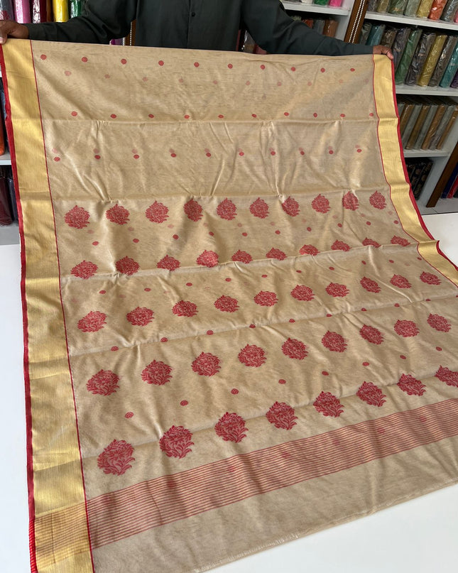 Pure Chanderi Hand Woven Saree | Golden Zari Border & Butis - Rosepetals Luxe