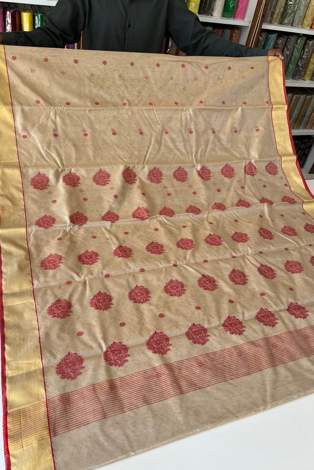 Pure Chanderi Hand Woven Saree | Golden Zari Border & Butis - Rosepetals Luxe
