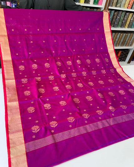 Pure Chanderi Hand Woven Saree | Golden Zari Border & Butis - Rosepetals Luxe