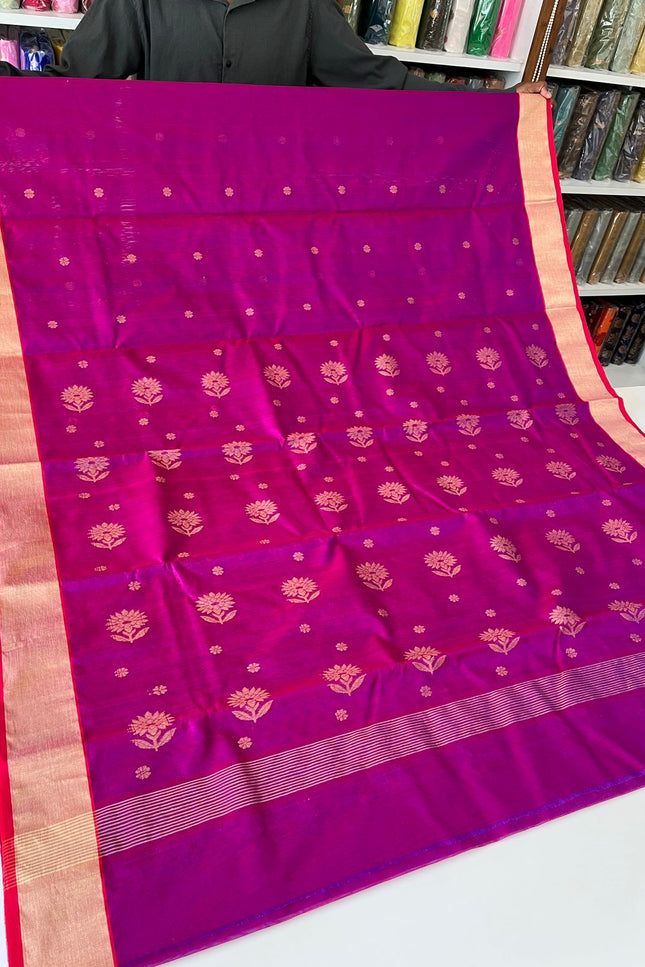 Pure Chanderi Hand Woven Saree | Golden Zari Border & Butis - Rosepetals Luxe