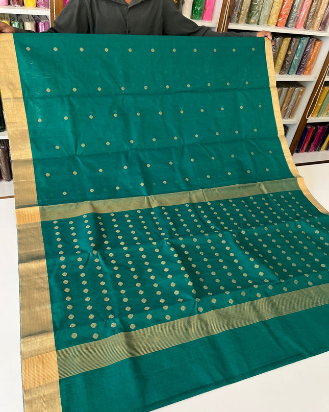 Pure Chanderi Handloom Saree | Golden Zari Border & Ghani Butis - Rosepetals Luxe