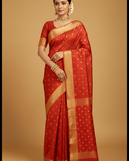 Pure Chanderi Handloom Saree | Golden Zari Border & Ghani Butis - Rosepetals Luxe