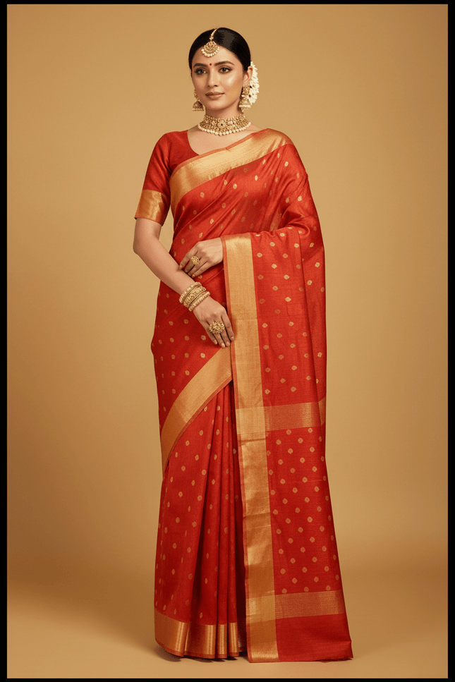 Pure Chanderi Handloom Saree | Golden Zari Border & Ghani Butis - Rosepetals Luxe