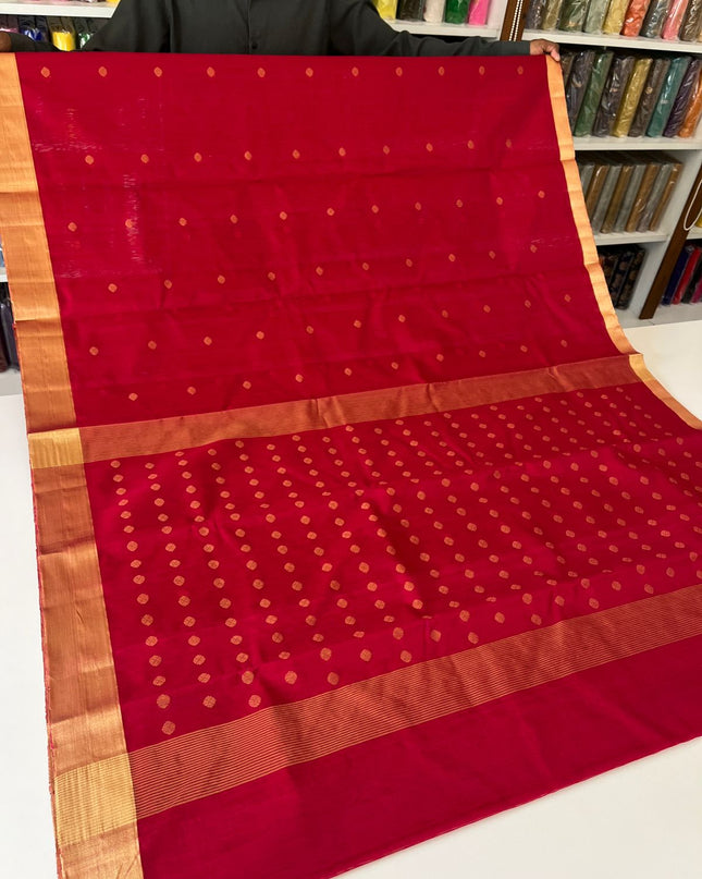 Pure Chanderi Handloom Saree | Golden Zari Border & Ghani Butis - Rosepetals Luxe