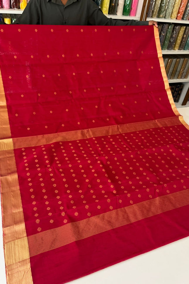 Pure Chanderi Handloom Saree | Golden Zari Border & Ghani Butis - Rosepetals Luxe