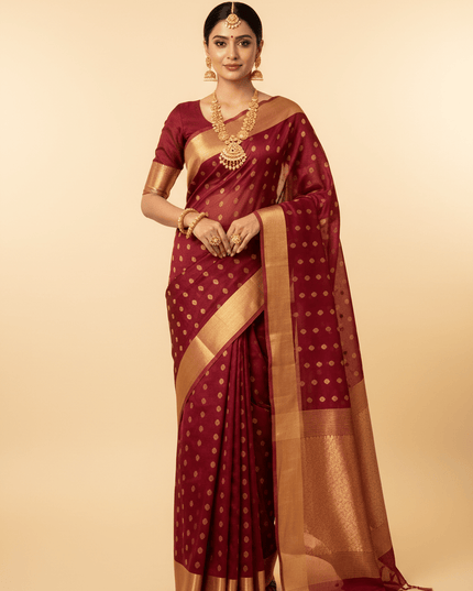 Pure Chanderi Handloom Saree | Golden Zari Border & Ghani Butis - Rosepetals Luxe