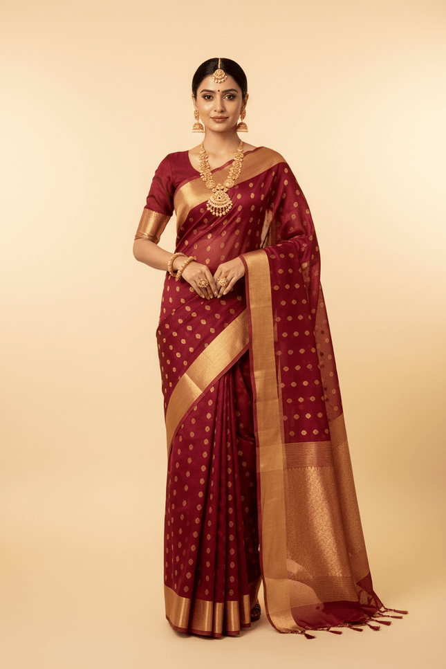 Pure Chanderi Handloom Saree | Golden Zari Border & Ghani Butis - Rosepetals Luxe