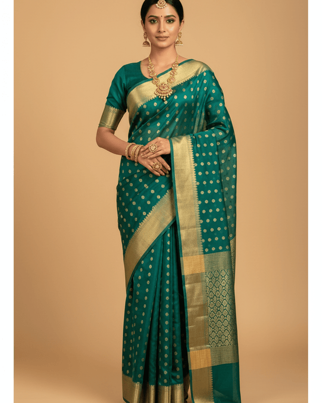Pure Chanderi Handloom Saree | Golden Zari Border & Ghani Butis - Rosepetals Luxe
