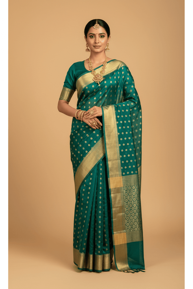 Pure Chanderi Handloom Saree | Golden Zari Border & Ghani Butis - Rosepetals Luxe