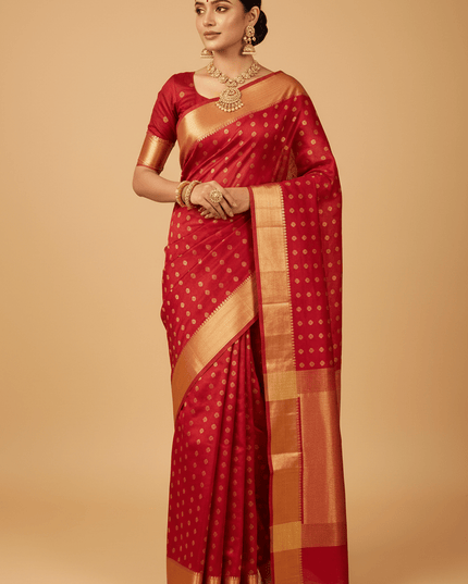 Pure Chanderi Handloom Saree | Golden Zari Border & Ghani Butis - Rosepetals Luxe