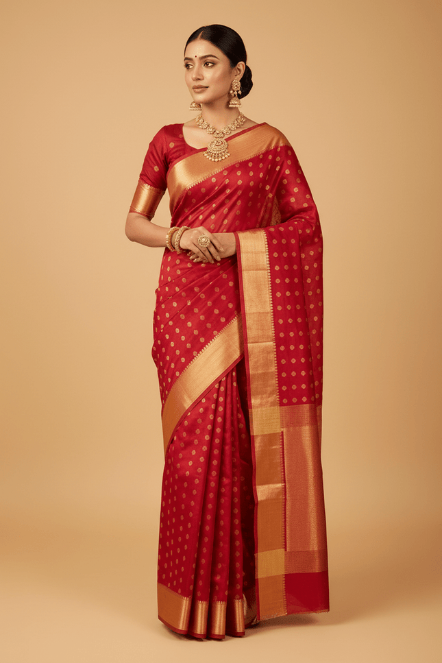 Pure Chanderi Handloom Saree | Golden Zari Border & Ghani Butis - Rosepetals Luxe