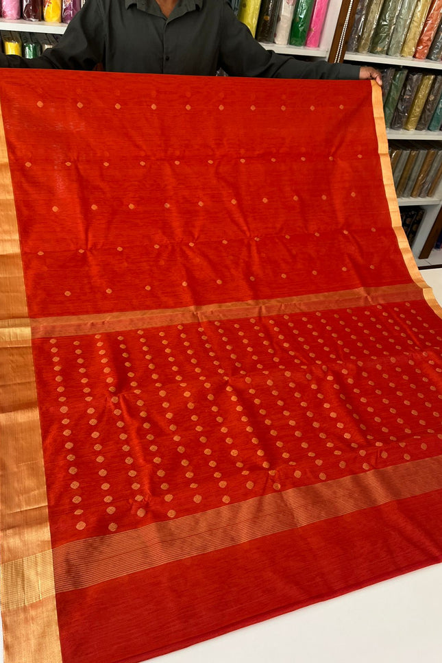 Pure Chanderi Handloom Saree | Golden Zari Border & Ghani Butis - Rosepetals Luxe
