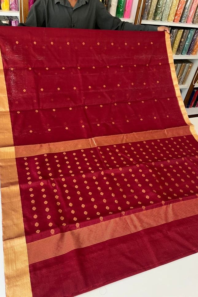 Pure Chanderi Handloom Saree | Golden Zari Border & Ghani Butis - Rosepetals Luxe