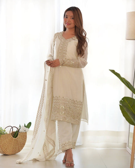 Pure Chinon Silk Embroidered Kurta Pant Set with Dupatta - Rosepetals Luxe