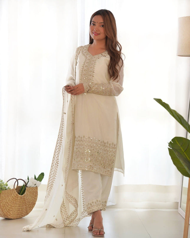Pure Chinon Silk Embroidered Kurta Pant Set with Dupatta - Rosepetals Luxe