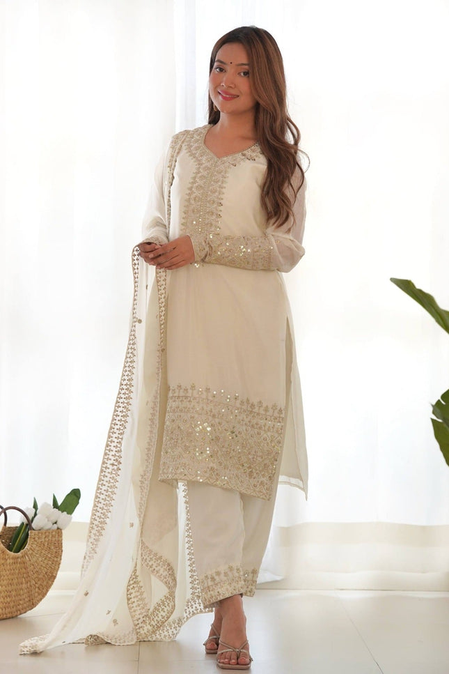 Pure Chinon Silk Embroidered Kurta Pant Set with Dupatta - Rosepetals Luxe