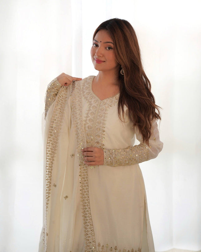 Pure Chinon Silk Embroidered Kurta Pant Set with Dupatta - Rosepetals Luxe
